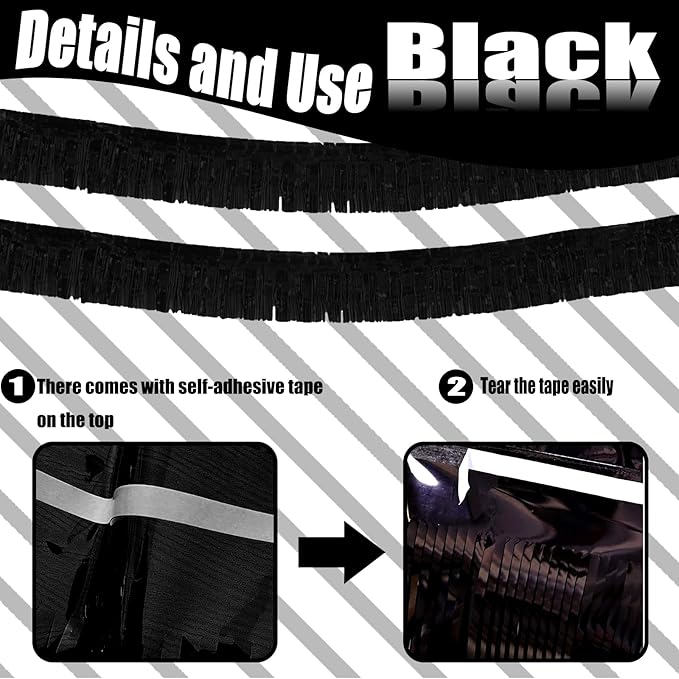 6 Pack 10 Feet Foil Fringe Garland Metallic Tinsel Streamers Banner Wall Hanging Curtain Backdrop Banner for Parade Floats, Thanksgiving, Christmas, Birthday, Halloween Party Decorations(Black)