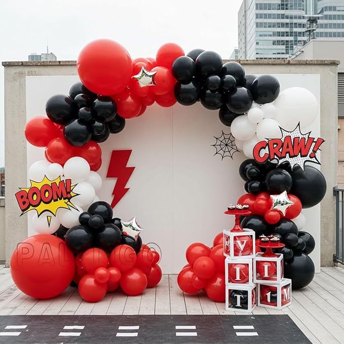 Red Black White Balloon Arch Kit with Silver Star Foils – Double Stuffed Balloons in 5” 12” 18” Sizes for Graduation, Birthday, Retirement, Racing, Casino, Poker Party Decorations
