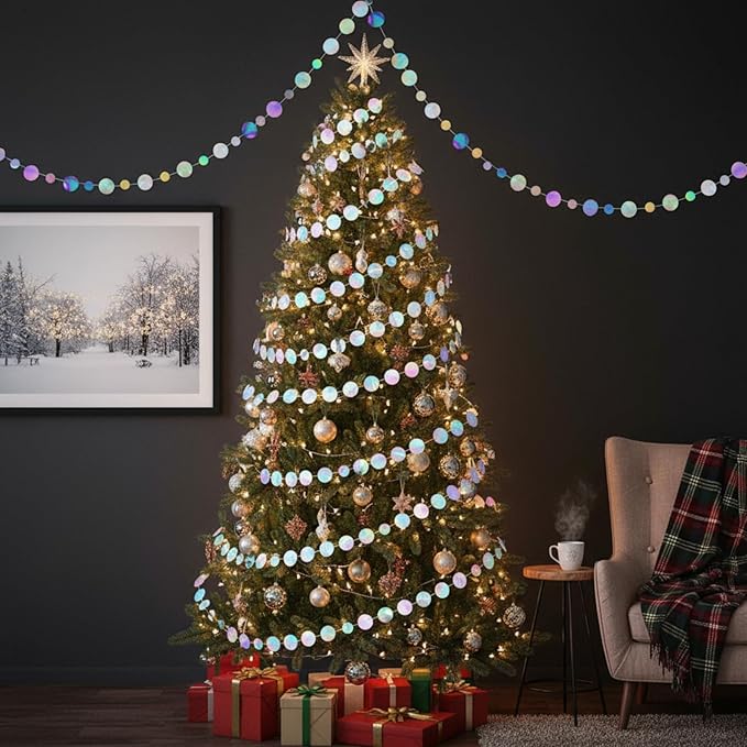 Outus 5 Pieces Laser Silver Round Dots Garland Easter Graduation Party Hanging Decor Each Length 13.1ft Glitter Paper Dot Streamers for Birthday Wedding Classroom