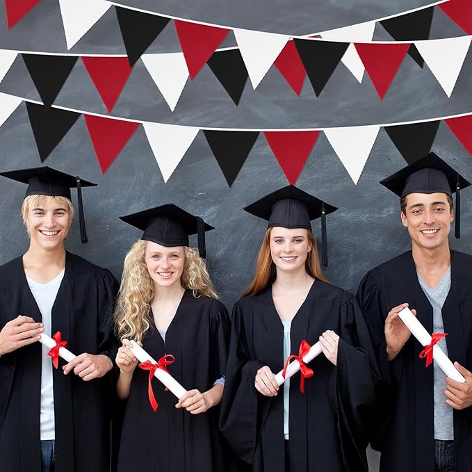GCQQ 40Ft Red Black White Banner 42Pcs Graduation Banner Decorations Red Black White Party Decor Outdoor Triangle Fabric Bunting Banners for Halloween Grad Mickey Las Vegas Pirate Casino Party Decor