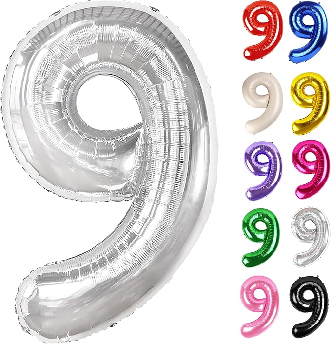 Silver Number 9 Balloon 40 Inch, 9 Balloon Number, 9th Birthday Decorations, Silver Party Supplies for Boys Girls