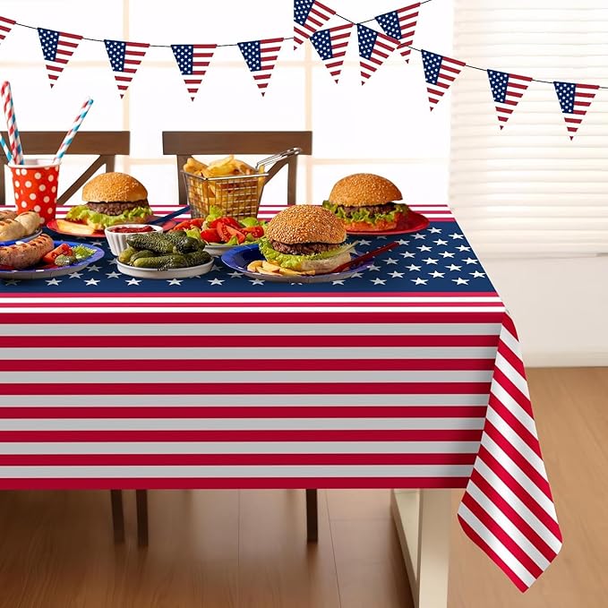 Childom 2 Pack Patriotic Tablecloths,Patriotic Decorations 54" x 108" Disposable American Flag Tablecloths for Event,Party Table Cloth Plastic for Veterans Day,4th of July,Picnic,Dinner,Party Supplies