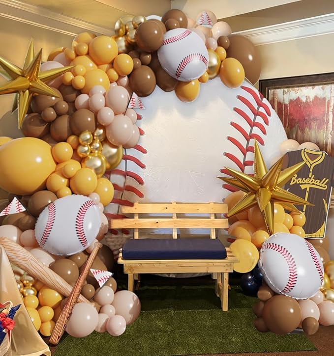 Baseball Balloon Garland Arch Kit - 140pcs Coffee Brown Yellow Gold Nude Balloons with 3D Baseball Bat & Star Balloons for Baseball Party Decorations, Birthday, Sports Theme Party Supplies