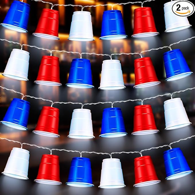 Hiboom Red White and Blue Cups Light, Christmas Shot Cups Fairy String Lights Battery Operated LED for 4th of July Independence Day Christmas Decor Memorial Day Bar Graduation RV Party(2 Pack)