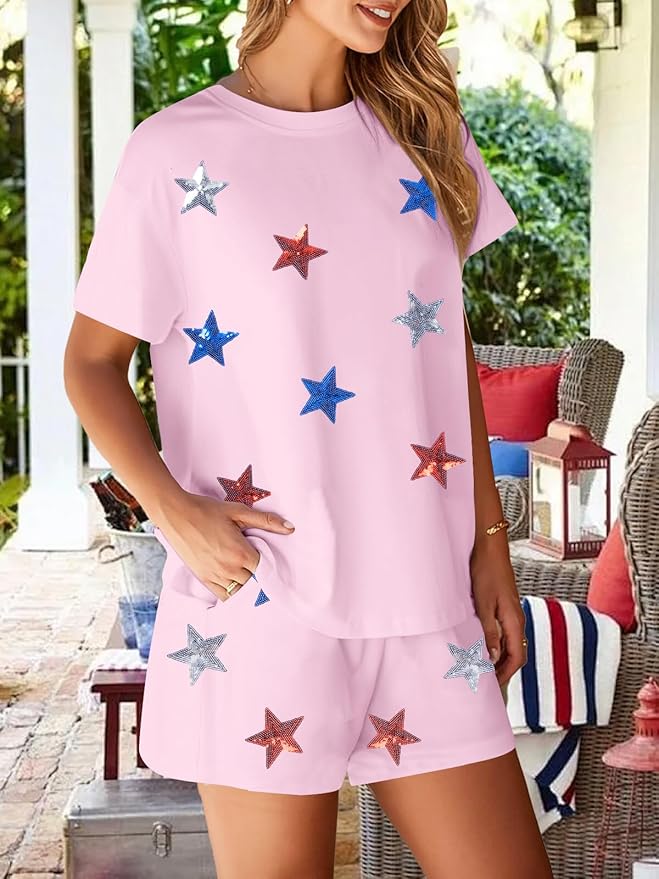 VILOVE 4th of July 2 Piece Sequin Outfits Women 250 Anniversary Usa Shirts and Short Sets Casual Patriotic Shirt Summer Set