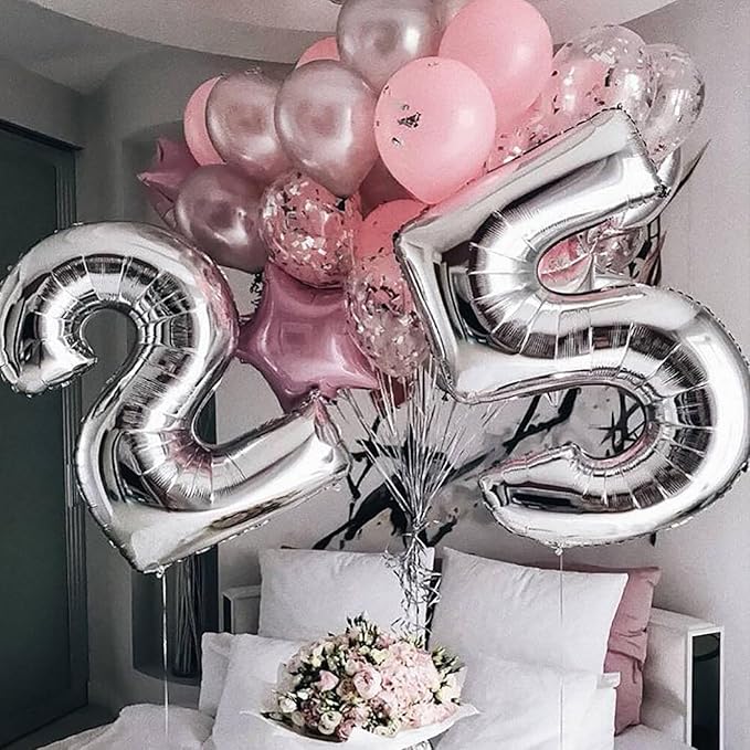 Large Silver 25 Number Balloons, 40 Inch Jumbo Number 25 Balloon, Silver Foil Mylar Balloons for Girl Sweet 25th Birthday Party, Anniversary Decorations