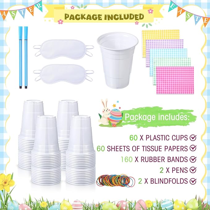 Capoda 60 Pack Easter Punch Game Set Easter Egg DIY Prize Punch Box Game Include 60 Pcs 16oz Plastic Cups 60 Sheet Tissue Paper Pens Blindfolds and 160 Pcs Rubber Bands for Outdoor Indoor Family Party
