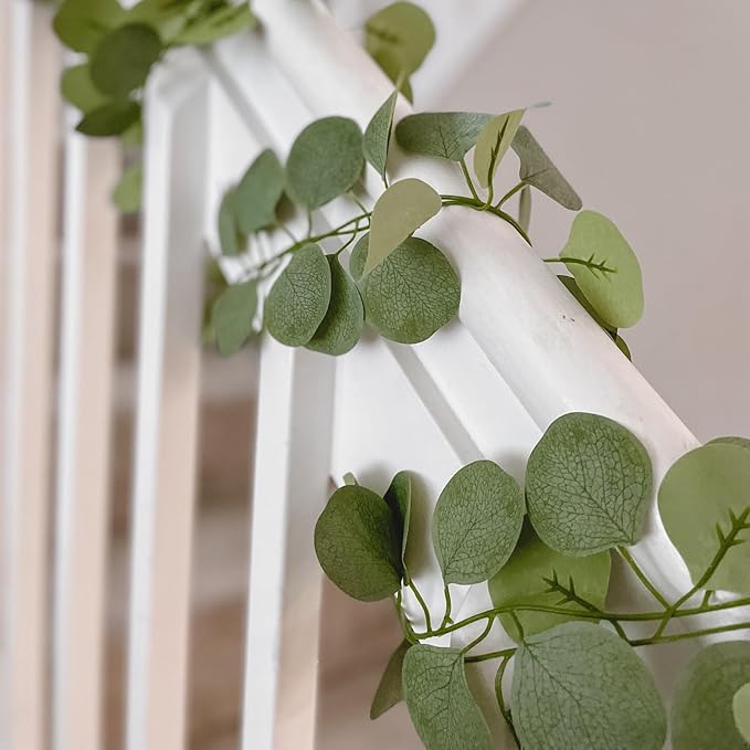CQURE 48 Pack Artificial Eucalyptus Garland Faux Greenery Garland Eucalyptus Leaves Vines Table Runner for Wedding Party Backdrop Arch Wall Room Decor(336Ft)