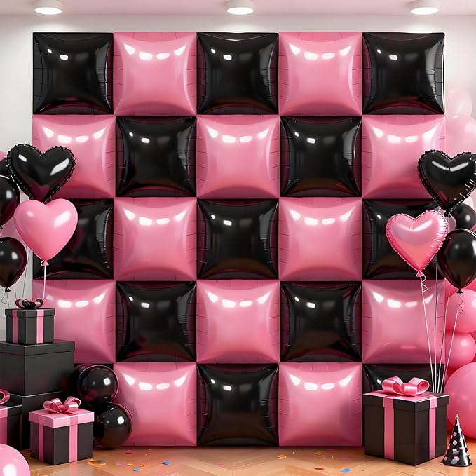 36Pcs Pink and Black Square Foil Balloons Wall Backdrop, Double Sided Metallic Foil Balloons Tunnel Arch Garland Kit for Photo Booth Birthday Wedding Halloween Christmas Party Decorations