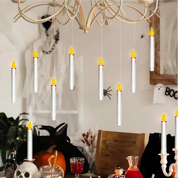 GOOTHY 10 PK Halloween Floating Candles, Hanging Floating Candles with Remote and Flickering Warm Lights, Battery Operated LED Flameless Window Candle Lights for Halloween Party Birthday Home Decor