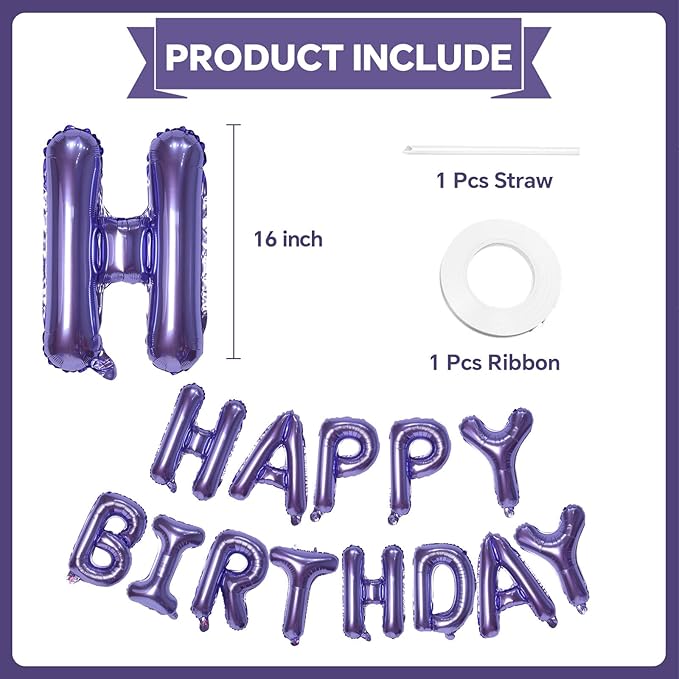 KALOR Pruple Happy Birthday Balloons Banner, 16 Inch Mylar Foil Letters Balloon Sign for Birthday Party Decorations Photo Booth Backdrop