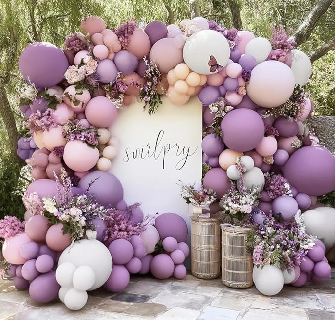 Purple Pink Balloon Arch Kit, Double Stuffed Pastel Pink Lavender White Beige Balloon Garland Dusty Light Lilac Cream Balloons for Birthday Baby Shower Wedding Butterfly Flower Party Decor
