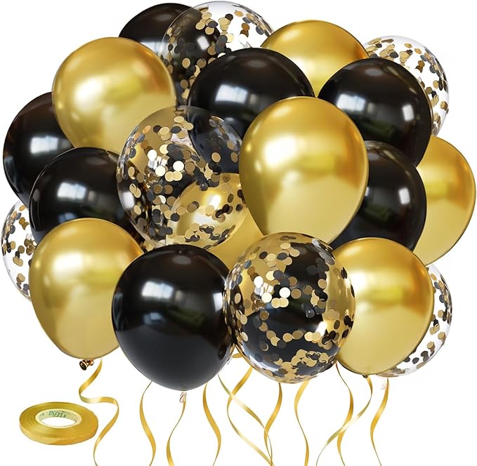 Black and Gold Balloons, 60PCS 12 Inch Metallic Gold and Black Confetti Balloons Black Latex Balloons and Gold Latex Balloons for Birthday Graduation Anniversary Wedding Party Decorations