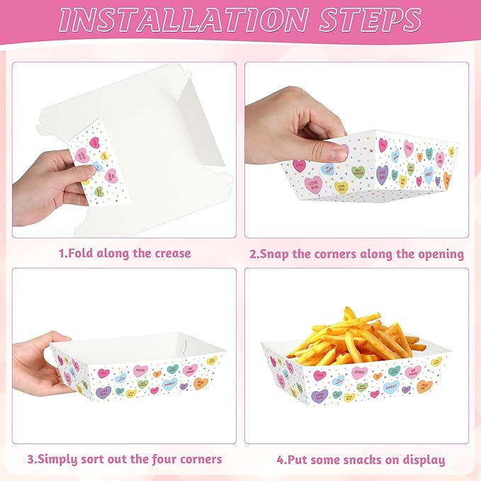 50 Pcs Valentines Paper Food Trays, Disposable Conversation Heart Serving Tray Valentine's Decorations, Love Holder Snack Food Boats, Popcorn Hot Dog Container for Wedding Birthday Party Supplies