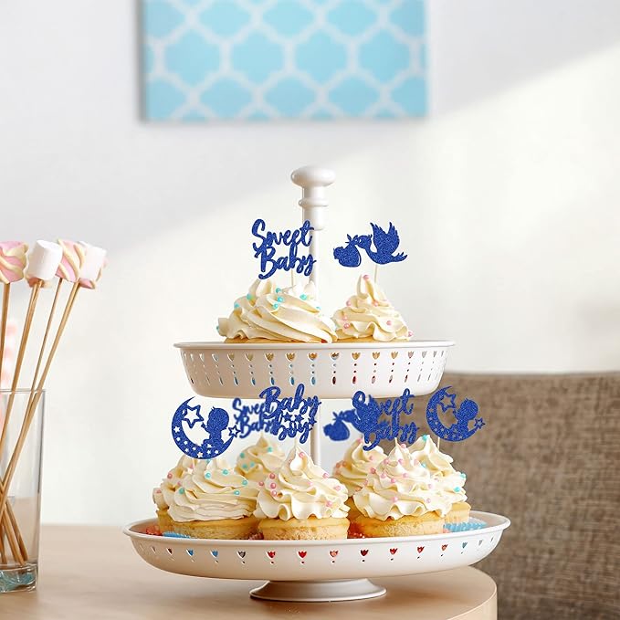 24Pcs Sweet Baby Boy Cupcake Toppers Moon Star Glitter Baby Shower Cupcake Picks Decorations for Gender Reveal Baby Shower Kids Boys Birthday Party Supplies Deep Blue