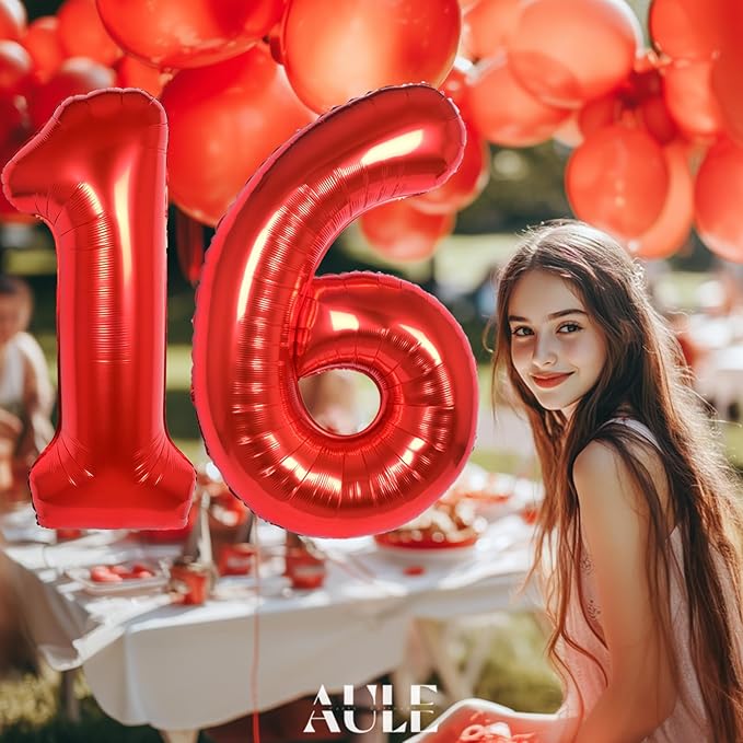 AULE 40 Inch Big Red Foil 16 Number Balloons for Girl Large 16th Happy Birthday Decorations Giant Huge Helium Mylar 61 Anniversary Party Decor