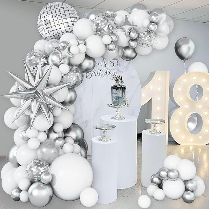 White and Silver Balloon Arch Garland Kit,White Silver Star Confetti Metallic Balloon Decoration with 18 Inch 4D Disco Silver Foil Balloon for Birthday Baby Shower Wedding Anniversary Party Decor