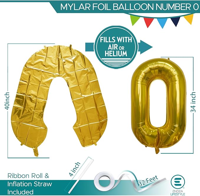 40 Inch Large Gold Number Celebration and Decoration Balloon for Birthday Parties, Graduations, Anniversaries, Weddings, Photo Shoots, Special Events - Helium Foil Mylar (Gold Number 0)
