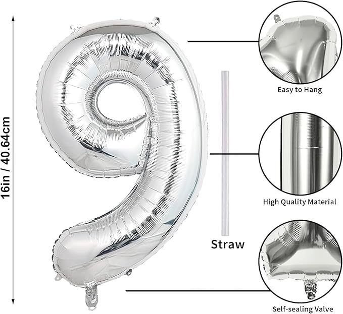 16 In Silver Large Numbers Balloons 0-9, Self Inflating Number 9 Balloons for Boys Girls, Big Silver Digit 9 Balloons for Women Men Birthday Party Anniversary Wedding Supplies Decorations