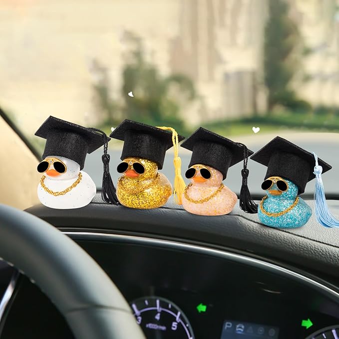 wonuu Car Dashboard Decor Graduation Hat Color Rubber Duck, Car Ducks Ornaments with Mini Graduation Hat Necklace Sunglasses (Transparent)