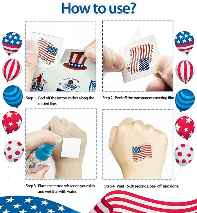 80PCS 4th of July Temporary Tattoos for Teenages & Adults, Patriotic Party Favors, USA Flag, Fireworks, Eagle, Statue of Liberty, Independence Day, Memorial Day, 4th of July Outfits for Women