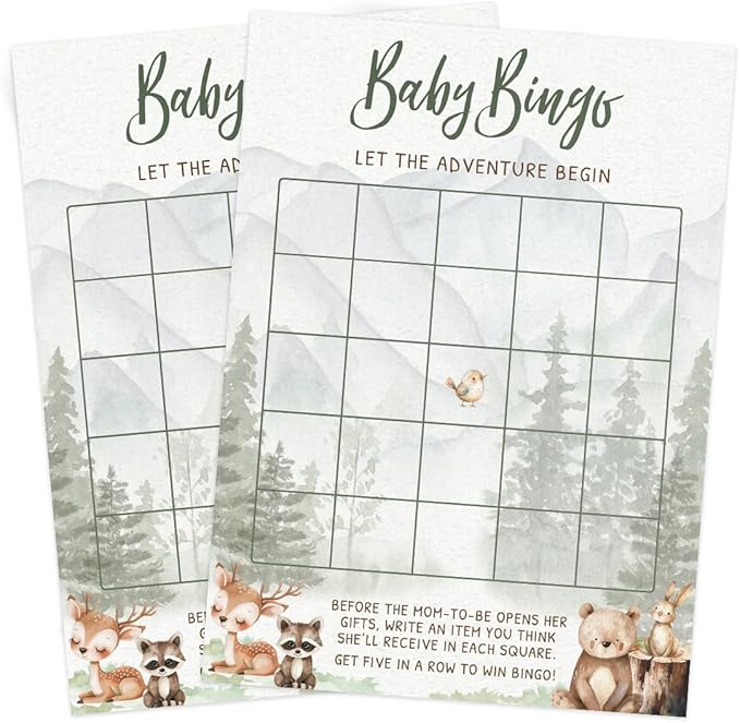 Printed Party Woodland Baby Shower Games for Boy – Set of 4 Games for 30 Guests, Forest Animal Theme, Includes Bingo, Mommy Trivia, Icon Storybook Phrases, and Guess Who Mommy or Daddy