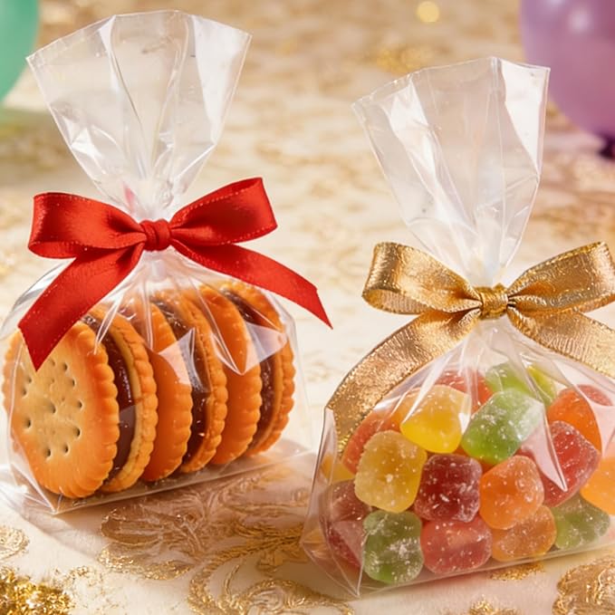 Aegero Cello Cellophane Treat Bags, 200 Pcs 5x7 Inches Clear Cellophane Bags with 200 Twist Ties for Gift Wrapping,Packaging Candies,Dessert,Bakery,Party Favors