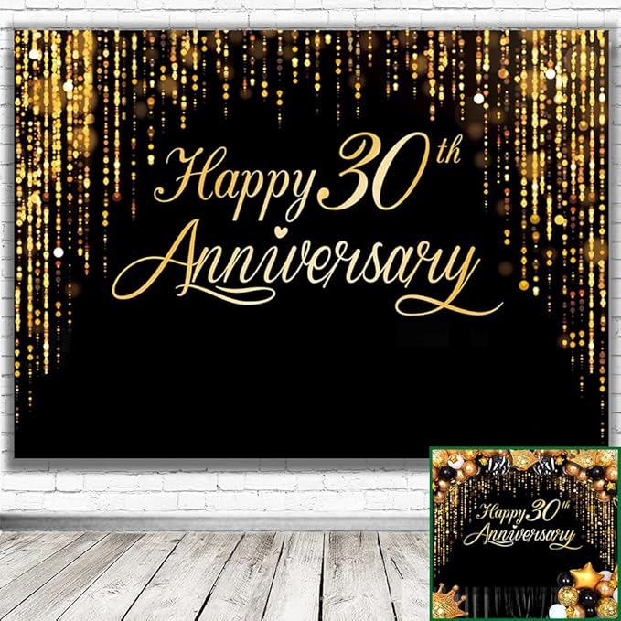 Happy 30th Anniversary Banner - Black Gold Photography Poster for Wedding, Birthday Party Decoration