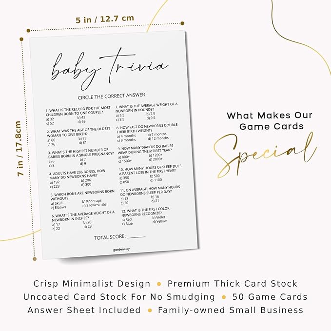 GardenCity Baby Trivia Baby Shower Game (50 Cards), Trivia Game Activity for Boy or Girl (Minimalist)
