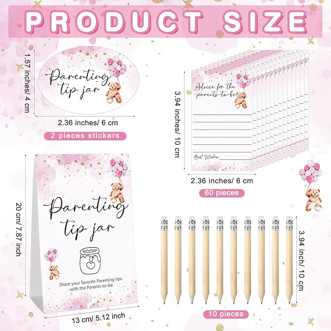 Roowest Baby Shower to Baby Advice Cards for New Parents to Be - Tip Jar Sign for New Parents 60 Parenting Advice Cards 10 HB Pencils 2 Cute Stickers 1 Pet Bottle for Guests Games(Pink Bear)