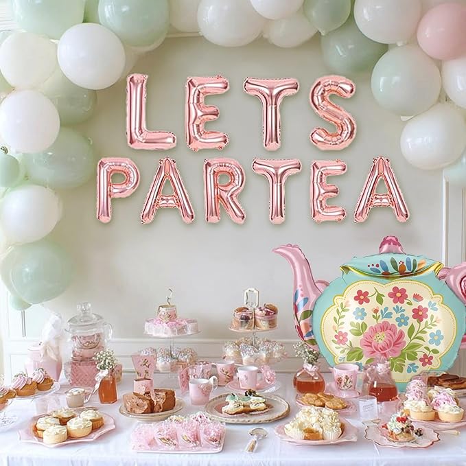 102 Pcs Tea Party Balloons, 35" Huge Teapot Aluminum Foil Balloons Pink Green Gold Confetti Latex Balloon for Girls Birthday Let's Par Tea Baby Shower Bridal Shower Garden Party Decorations Supplies