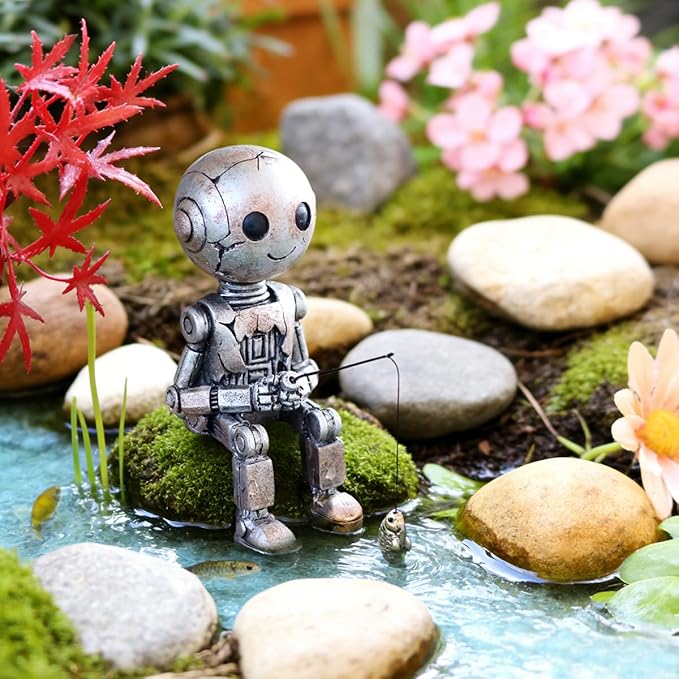 Fishing Robot Statue Funny Halloween Decorations, 4.33 Inch Cute Sitting Figurine Shelf Sitter Resin Sculpture for Outdoor Garden Yard Lawn Pond Waterfalls Pool Ornaments