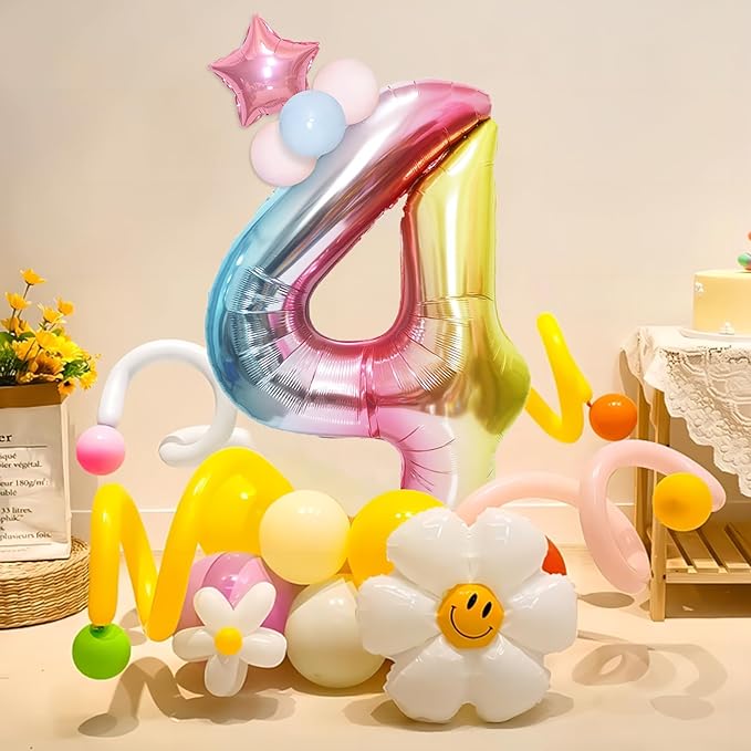 Rainbow Number Balloons Birthday Balloons - Giant Number 4 Balloon 40 inch, Numbers Balloon Birthday Decorations, Rainbow Party Supplies for Baby Shower