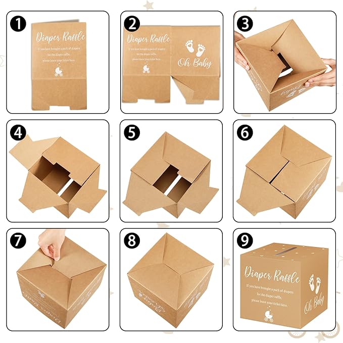 Funrous 51 Diaper Raffle Tickets with Box for Baby Shower Game Invitations Diaper Raffle Card for Gender Reveal Baby Shower Party Decoration Table Centerpiece(Brown Color)