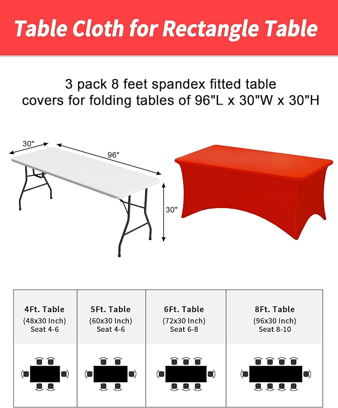Fixwal 3 Pack Red Table Cloths Rectangle 8FT, Tablecloths Rectangular Stretch Spandex Fitted Table Covers 8ft for Parties, Trade Shows, Banquet, Weddings, Buffet, Graduation