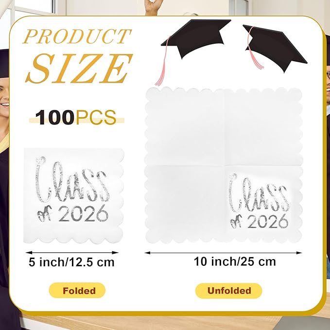 100 Pcs Class of 2026 Graduation Cocktail Napkins 5 x 5 Inch Congrats Grad Scalloped Paper Napkins for Dinner Beverage Graduate Decorations(Silver)