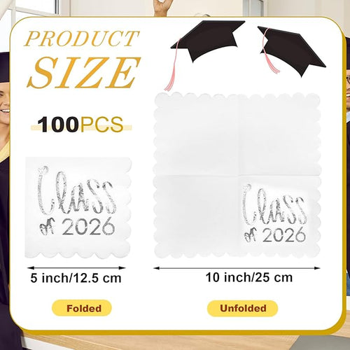 100 Pcs Class of 2026 Graduation Cocktail Napkins 5 x 5 Inch Congrats Grad Scalloped Paper Napkins for Dinner Beverage Graduate Decorations(Silver)