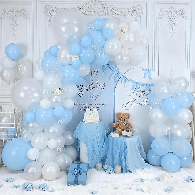 Pastel Blue White Balloons Garland Arch Kit, 104PCS Double Stuffed Pearl White Balloons, Light Baby Blue Clear Balloon for Bridal Shower Baby Birthday Bachelorette Wedding Engagement Party Decorations