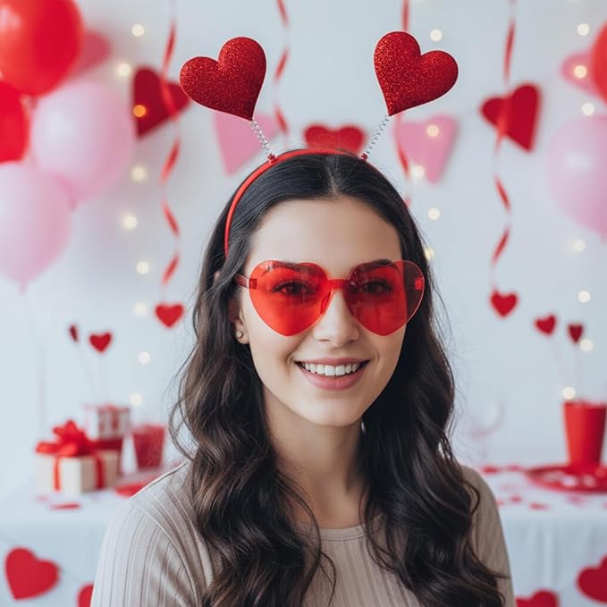 48 Pcs Red Love Heart Bopper Glitter Headbands and Heart Sunglasses, Wedding Party Pink Eyeglasses for Decor