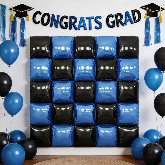 Black Blue Square Foil Balloon Wall,25Pcs Double Sided Foil Balloons Backdrop Helium Polyester Tunnel Arch Garland Kit for Birthday Bridal Anniversary Baby Shower Party Decorations