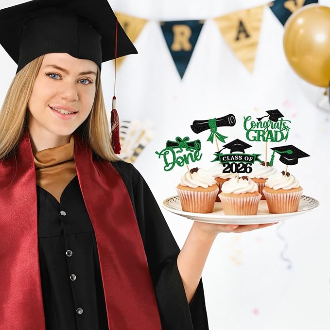 2026 Graduation Cupcake Toppers, 36 pack Green Glitter Class of 2026 Congrats Grad Diploma Grad Cap Cupcake Picks for 2026 Graduation Party decorating Supplies