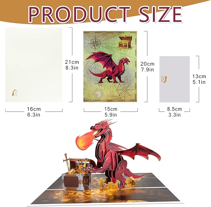 Treasure Chest Fire Dragon Pop Up Greeting Card with Blank Note & Envelope, ideal celebration gift for Friendship, Love, Anniversary, Special Moment, Inspirational, Birthday, Holiday, Party