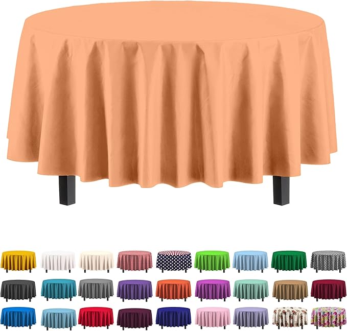 Party Solids Pack Of 6 Premium Plastic Tablecloth 84 Inch Round Plastic Table Cover - Peach