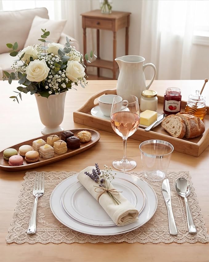 bUCLA 600pcs Silver Plastic Dinnerware Set for 100 Guests - Silver Christmas Dinnerware Set Disposable for Party - Include 100 Dinner Plates,100 Dessert Plates,100Cups,100 Knives,100 Forks,100 Spoons