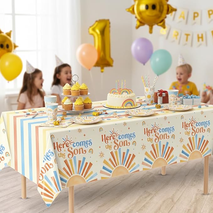 3Pcs Here Comes The Son Baby Shower Decorations Tablecloths Plastic Sunshine Table Covers Disposable Boho Sun Party Table Cloth for Boy,Here Comes The Son Baby Shower Decorations (Sunshine)