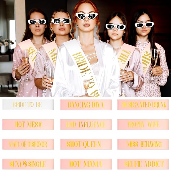 12 Pcs Bachelorette Party Sashes Set - 1 White Bride to Be & 11 Rose Gold Bridesmaid Sashes, Fitting & Skin Friendly, Ideal for Pre - Wedding Celebrations