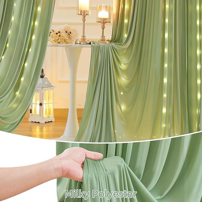 20 x 10ft Sage Green Backdrop Curtains with Lights String for Wedding Polyester Photo Backdrop Drapes Wrinkle Free Curtains Backdrop for Birthday Parties Reception Baby Shower Ceremony-5 x 10ft x 4P
