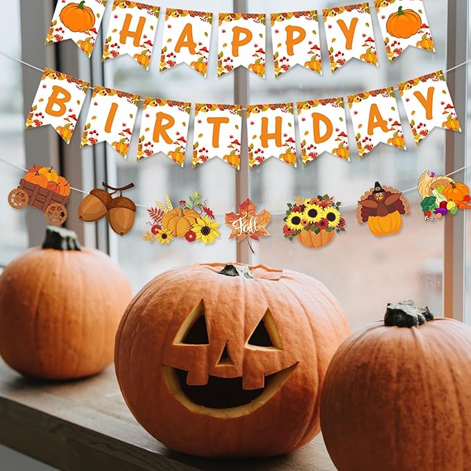 Fall Thanksgiving Happy-Birthday Party-Decorations Banner - 2pcs Orange Garland,Autumn Pumpkin Turkey Flowers Maple Leaves Hanging Swirls Streamers Decor Panduola