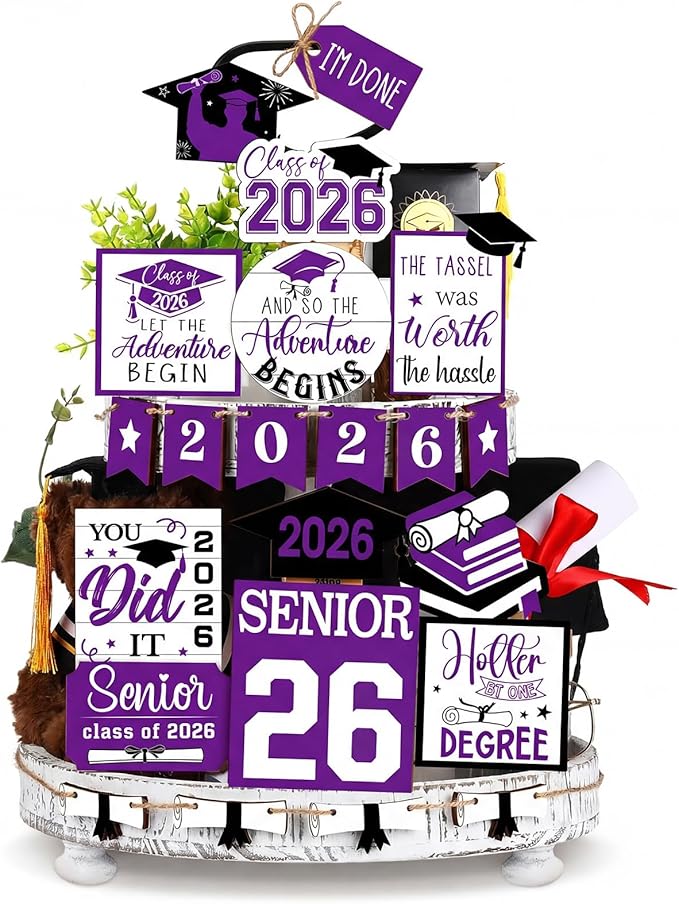 22 Pcs 2026 Graduation Tiered Tray Decor Sets Wooden Graduation Class of 2026 Table Decorations Senior 2026 Gown Diploma Farmhouse Signs for Home Shelf Party Office Desk(Purple)
