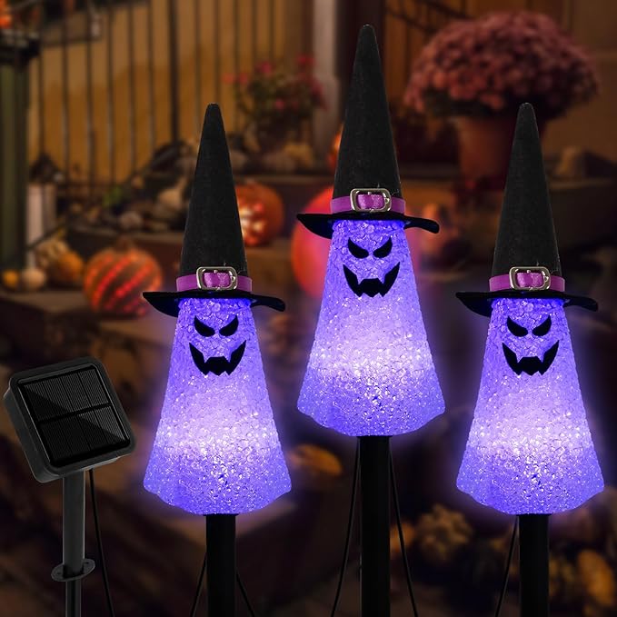 LIGHTSHINE 3PCS Ghost Solar Halloween Decorations, Solar Landscape Pathway Lights, Garden Stakes Light, Outdoor Halloween Lights Decor for Yard, Patio, Porch (Purple)